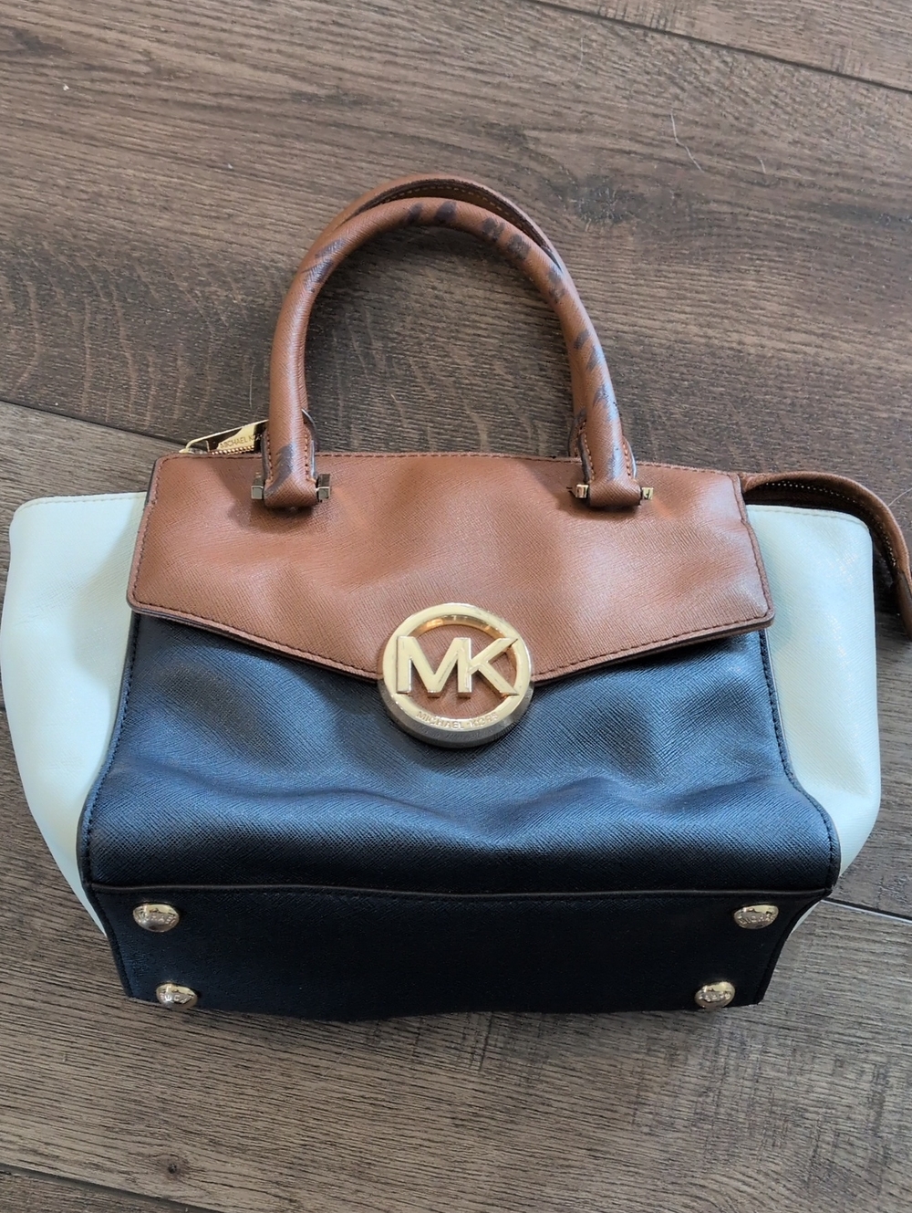 MICHAEL Michael Kors Tri-Color Leather Satchel in Brown, Black & Cream